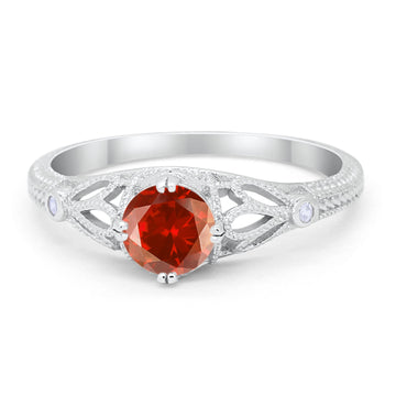 Vintage Design Solitaire Engagement Ring Simulated Garnet CZ 925 Sterling Silver